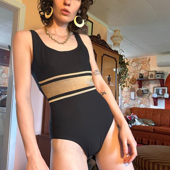 1980s Black and bronze stripe one piece full coverage swim suit - made in canada - Picture 3 of 13